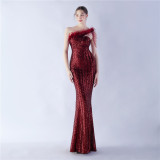 Women Ostrich Feather Beads Symphony Sequins Formal Party Evening Dress