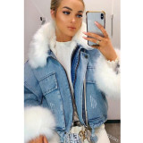 Women Winter Loose Fur Collar Turndown Collar Denim Jacket