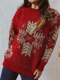 Christmas Women Autumn and Winter Loose Snowflake Round Neck Long Sleeve Sweater