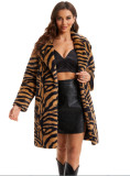 Women Autumn and Winter Zebra Print Faux furry Turndown Collar Warm Jacket