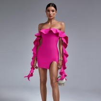 Women Summer Solid Sleeveless Off Shoulder Ruffle Edge Slit Dress Women Summer Solid Sleeveless Off Shoulder Ruffle Edge Slit Dress