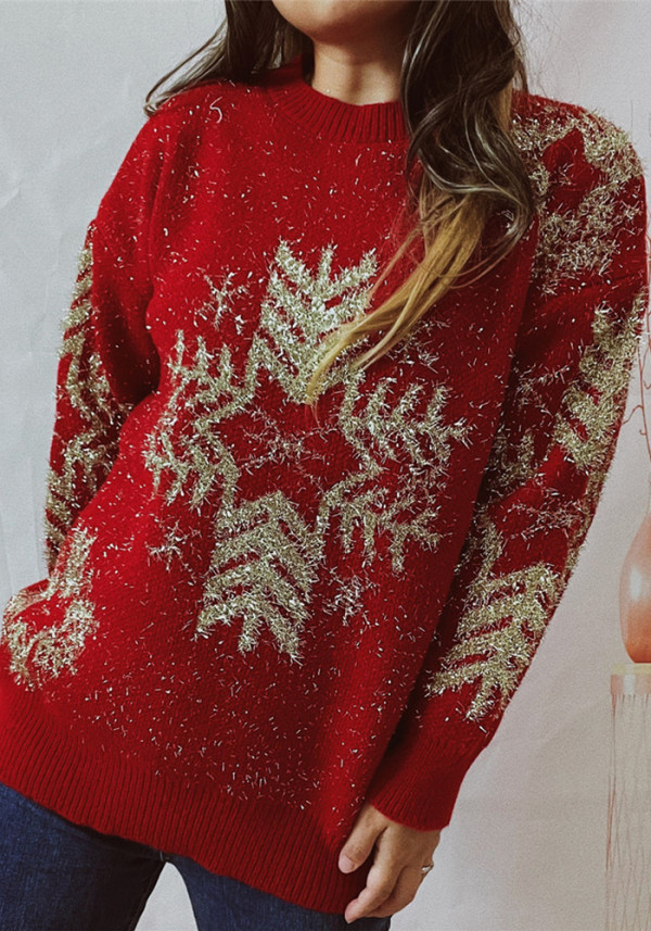 Christmas Women Autumn and Winter Loose Snowflake Round Neck Long Sleeve Sweater
