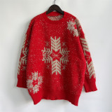 Christmas Women Autumn and Winter Loose Snowflake Round Neck Long Sleeve Sweater