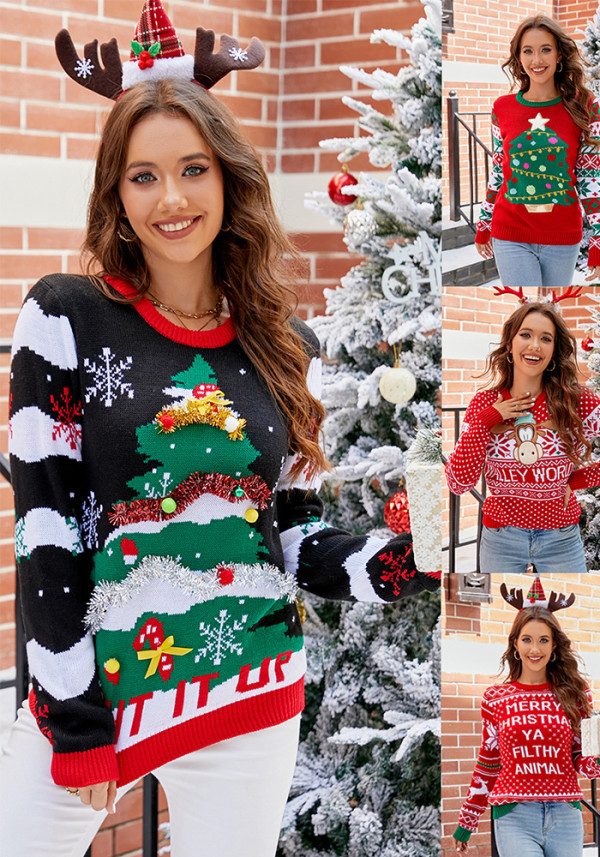 Christmas Women Casual Round Neck Embroidered Christmas Tree Letter Cartoon Knitting Sweater