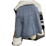 Women Winter Loose Fur Collar Turndown Collar Denim Jacket