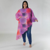 Plus Size Women Long Sleeve Round Neck Sexy Printed Chiffon Top