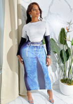 Women Autumn Denim Print Round Neck Long Sleeve Dress Women Autumn Denim Print Round Neck Long Sleeve Dress