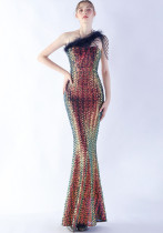 Women Ostrich Feather Beads Symphony Sequins Formal Party Evening Dress Women Ostrich Feather Beads Symphony Sequins Formal Party Evening Dress