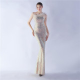 Women Ostrich Feather Beads Symphony Sequins Formal Party Evening Dress