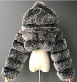 Women Faux furry Hooded Long Sleeve Crop Jacket