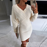 Women V Neck Long Sleeve Kintting Dress