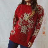Christmas Women Autumn and Winter Loose Snowflake Round Neck Long Sleeve Sweater