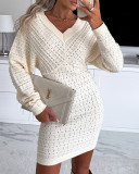 Women V Neck Long Sleeve Kintting Dress