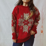Christmas Women Autumn and Winter Loose Snowflake Round Neck Long Sleeve Sweater