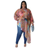 Plus Size Women Long Sleeve Round Neck Sexy Printed Chiffon Top