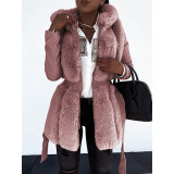 Women Faux furry Belted Hooded Solid Zip Jacket