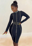 Women Sexy Beaded Stretch Bodycon Long Sleeve Dress