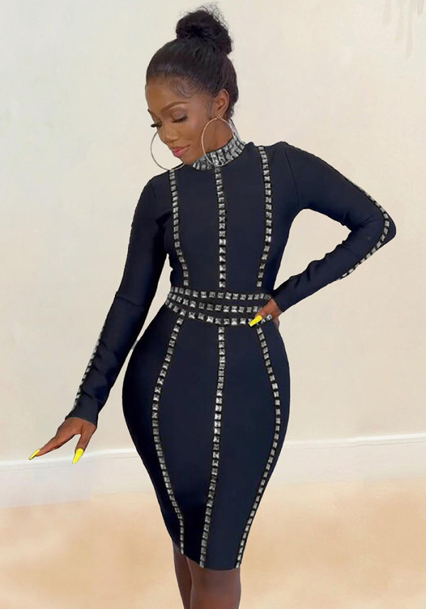 Women Sexy Beaded Stretch Bodycon Long Sleeve Dress