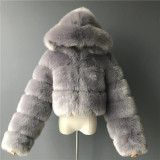 Women Faux furry Hooded Long Sleeve Crop Jacket