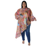 Plus Size Women Long Sleeve Round Neck Sexy Printed Chiffon Top