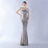 Women Ostrich Feather Beads Symphony Sequins Formal Party Evening Dress