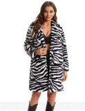 Women Autumn and Winter Zebra Print Faux furry Turndown Collar Warm Jacket