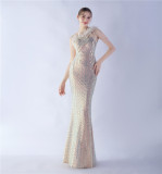 Women Ostrich Feather Beads Symphony Sequins Formal Party Evening Dress