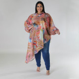 Plus Size Women Long Sleeve Round Neck Sexy Printed Chiffon Top