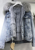 Women Winter Fur Collar Detachable Denim Plush Jacket