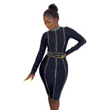 Women Sexy Beaded Stretch Bodycon Long Sleeve Dress