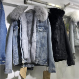 Women Winter Fur Collar Detachable Denim Plush Jacket