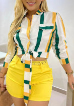 Women's Striped Digital Print Lace-Up Short Turndown Collar Shirt Shorts Two-Piece Set