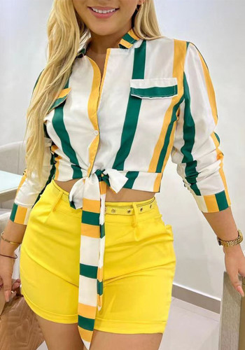 Women's Striped Digital Print Lace-Up Short Turndown Collar Shirt Shorts Two-Piece Set