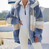 Autumn And Winter Warm Plush Patchwork Zipper Pocket Hooded Loose Coat For Women