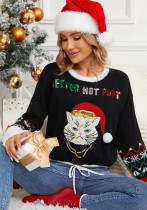 Women's Cute Kitten Embroidered Christmas Black Sweater Pullover Short Sweater Women's Cute Kitten Embroidered Christmas Black Sweater Pullover Short Sweater