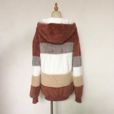 Autumn And Winter Warm Plush Patchwork Zipper Pocket Hooded Loose Coat For Women