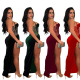 Fashion Women's Solid Color Mesh Straps Slit Long Dress