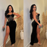 Fashion Women's Solid Color Mesh Straps Slit Long Dress