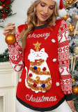 Autumn And Winter Jacquard Pullover Christmas Sweater Cartoon Kitten Embroidered Red Sweater