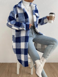 Autumn And Winter Open Button Turndown Collar Plush Plaid Coat Loose Chic Long Jeacket For Women