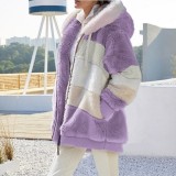 Autumn And Winter Warm Plush Patchwork Zipper Pocket Hooded Loose Coat For Women