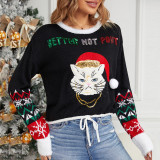 Women's Cute Kitten Embroidered Christmas Black Sweater Pullover Short Sweater