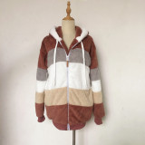 Autumn And Winter Warm Plush Patchwork Zipper Pocket Hooded Loose Coat For Women