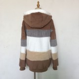 Autumn And Winter Warm Plush Patchwork Zipper Pocket Hooded Loose Coat For Women