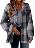 Women's Autumn And Winter Plaid Pockets Button Plush Jacket