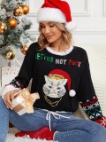 Women's Cute Kitten Embroidered Christmas Black Sweater Pullover Short Sweater