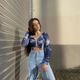 Spring And Summer Sexy Print Long Sleeve Crop Top