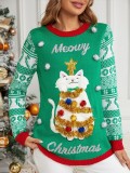 Autumn And Winter Jacquard Pullover Christmas Sweater Cartoon Kitten Embroidered Red Sweater