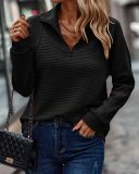 Autumn Comfortable Loose Solid Color Stand Collar Zipper Long Sleeve Patchwork Women's Top