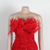 Sexy Feather Sequin Strapless Tight Fitting Slim Bodycon Dress